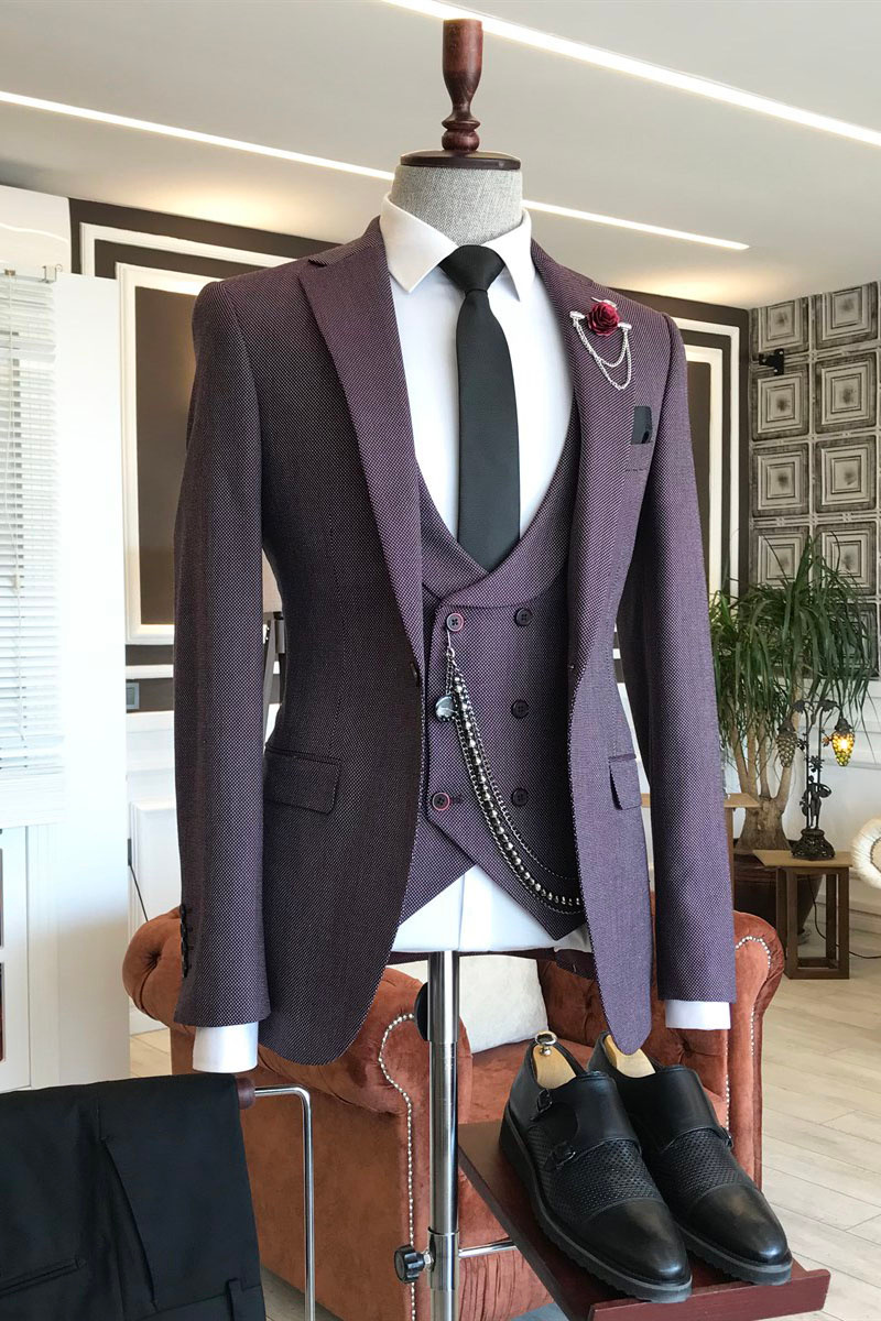 Milo Dark Purple Pointed Lapel Double-Breasted Vest Business Suit
