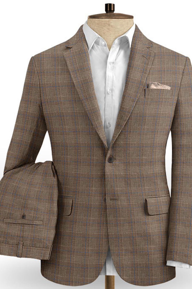 Brown Casual Two-Piece Suit Linen Plaid Slim Fit Tuxedo