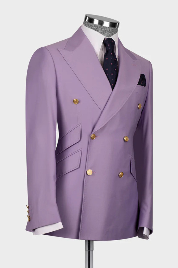 Stylish Purple Double-Breasted Men's Two-Piece Suit with Three Pockets