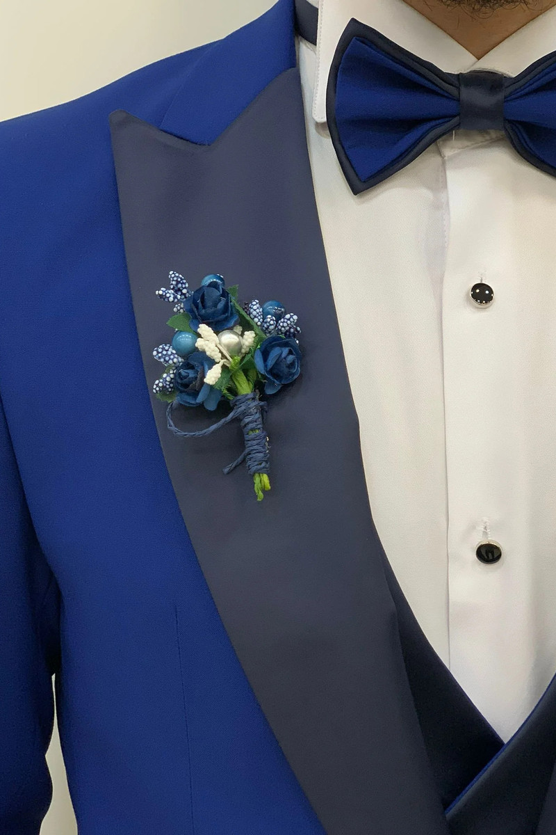 Perris Modern Royal Blue Slim Peak Collar Three-Piece Tuxedo