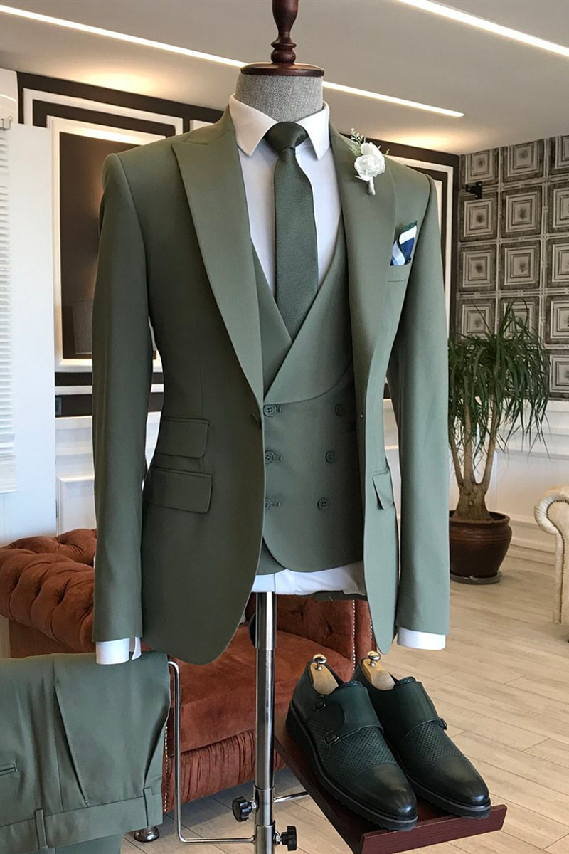 Kent Green Three-Piece Point Lapel One-Button Business Suit