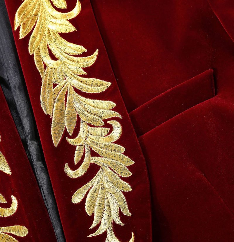 Burgundy Velvet Boyfriend Blazer Gold Embroidered Tuxedo Jacket For Prom
