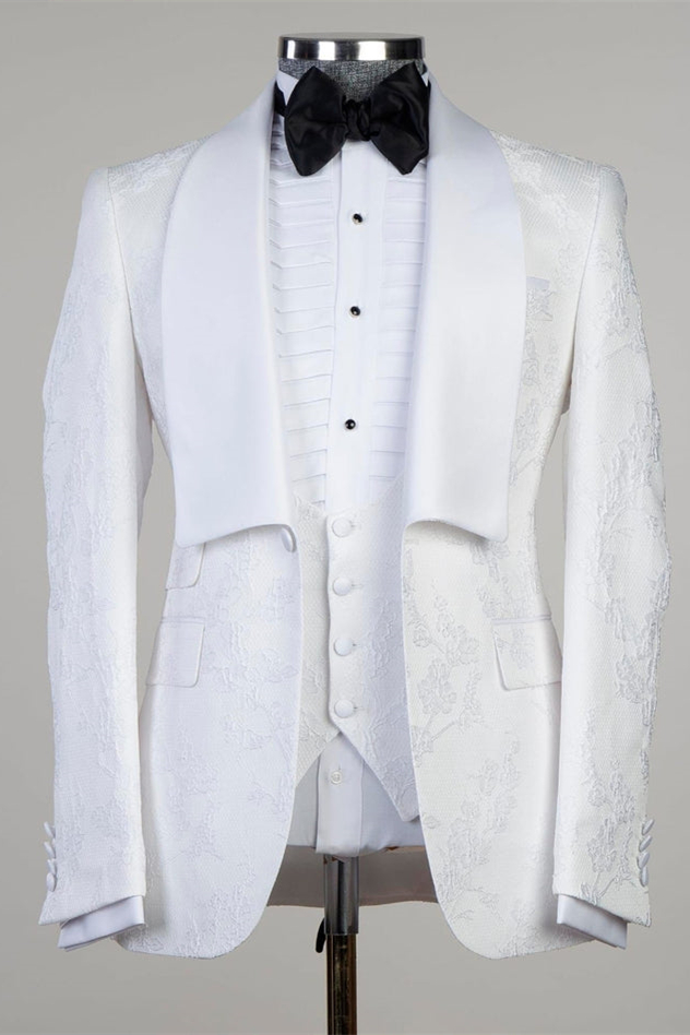 White Jacquard Shawl Lapel Three-Piece Wedding Suit
