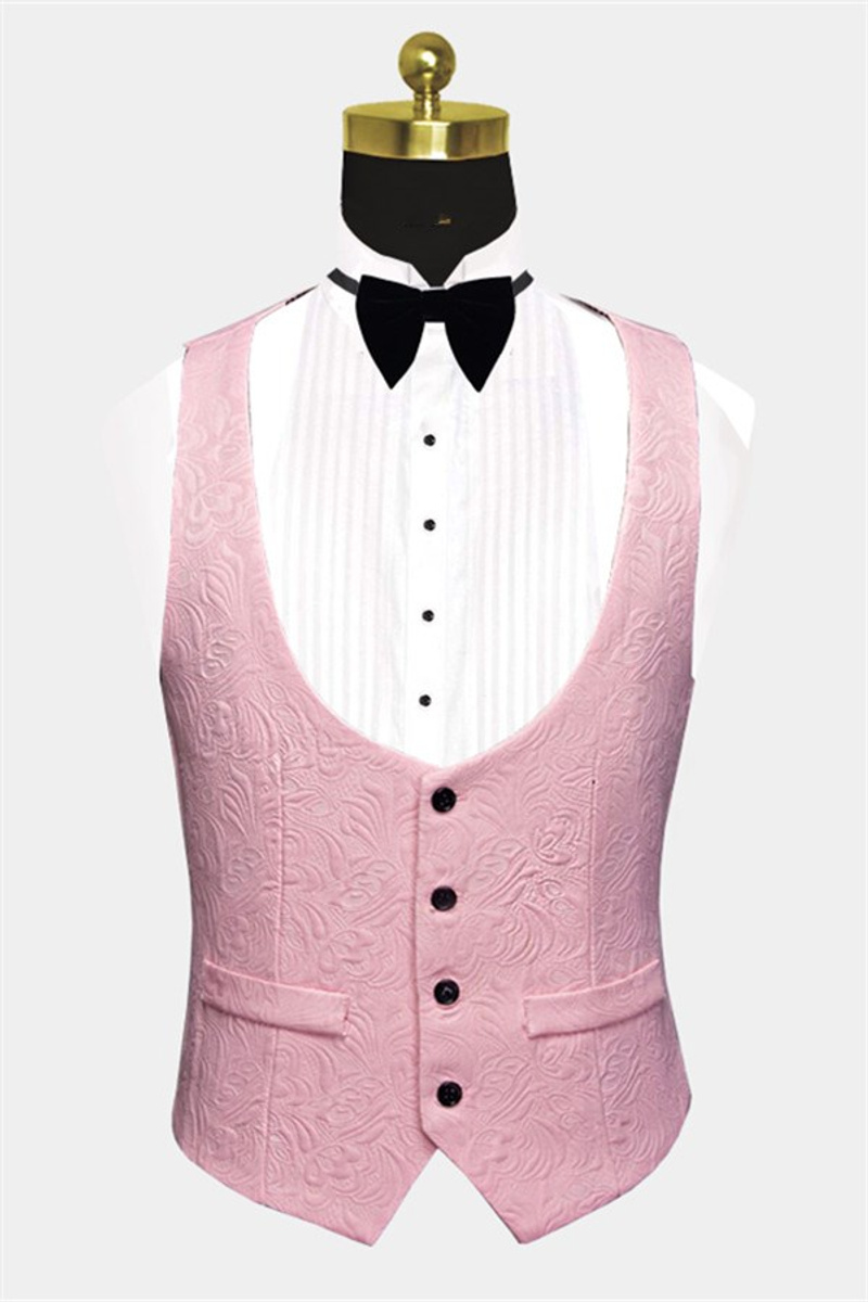 Gorgeous Pink Jacquard Prom Suit Three-Piece Black Lapel Suit