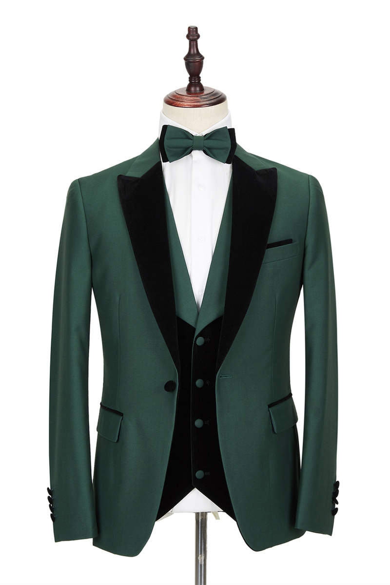 Black Peak Lapel Dark Green Wedding Suit Velvet Banding Edge Formal Suit