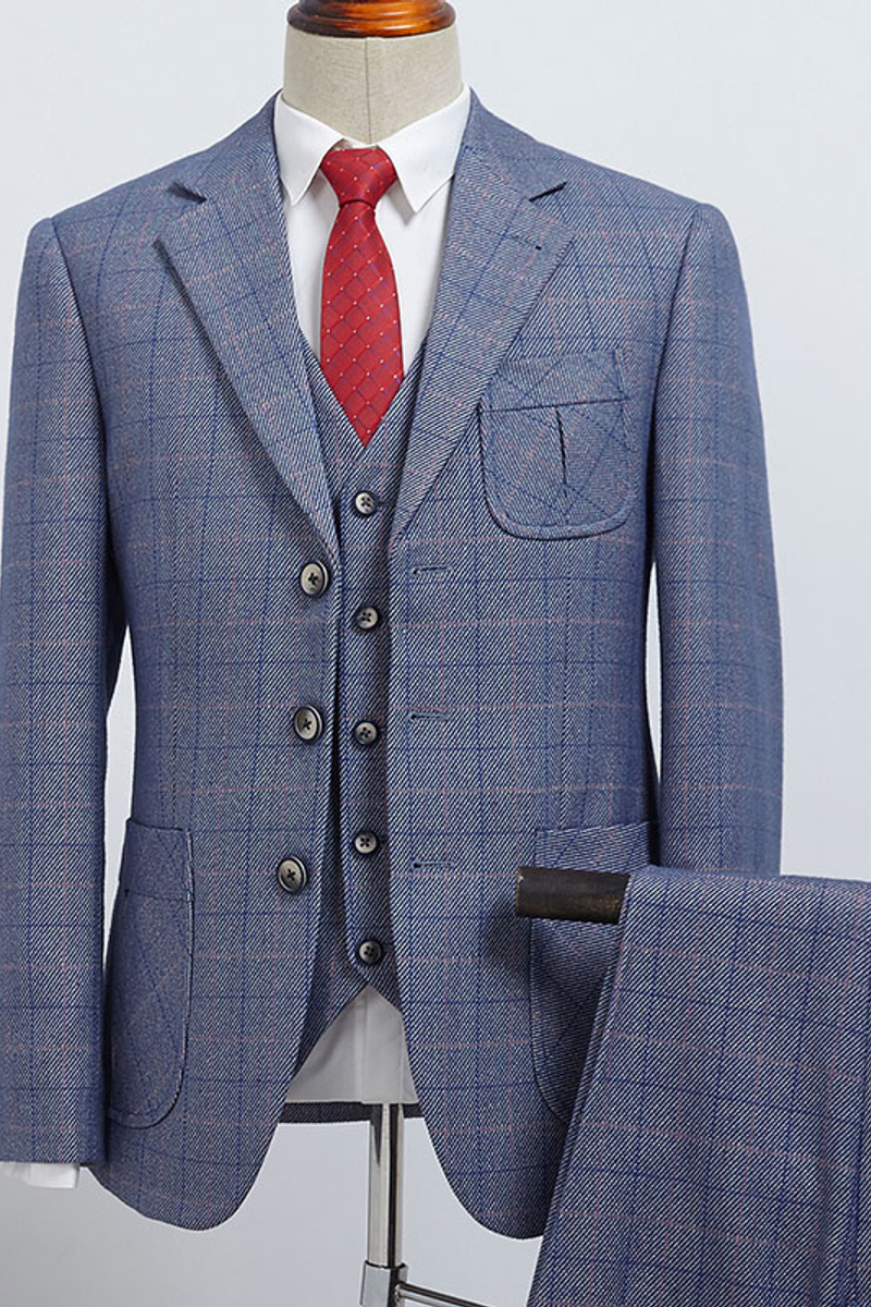 Chad Dark Grey Plaid Three Piece Notch Lapel Formal Wear