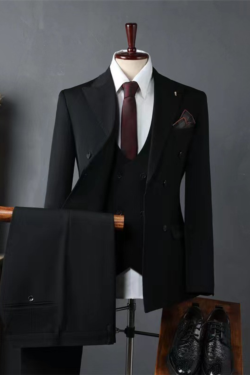 Italian Black Lapel Slim Fit Suit Wedding Business Suit with Adjustable Chest Button