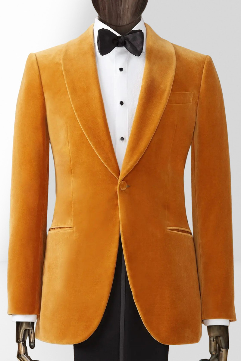 Orange Velvet Shawl Collar Two-Piece Slim Fit Suit