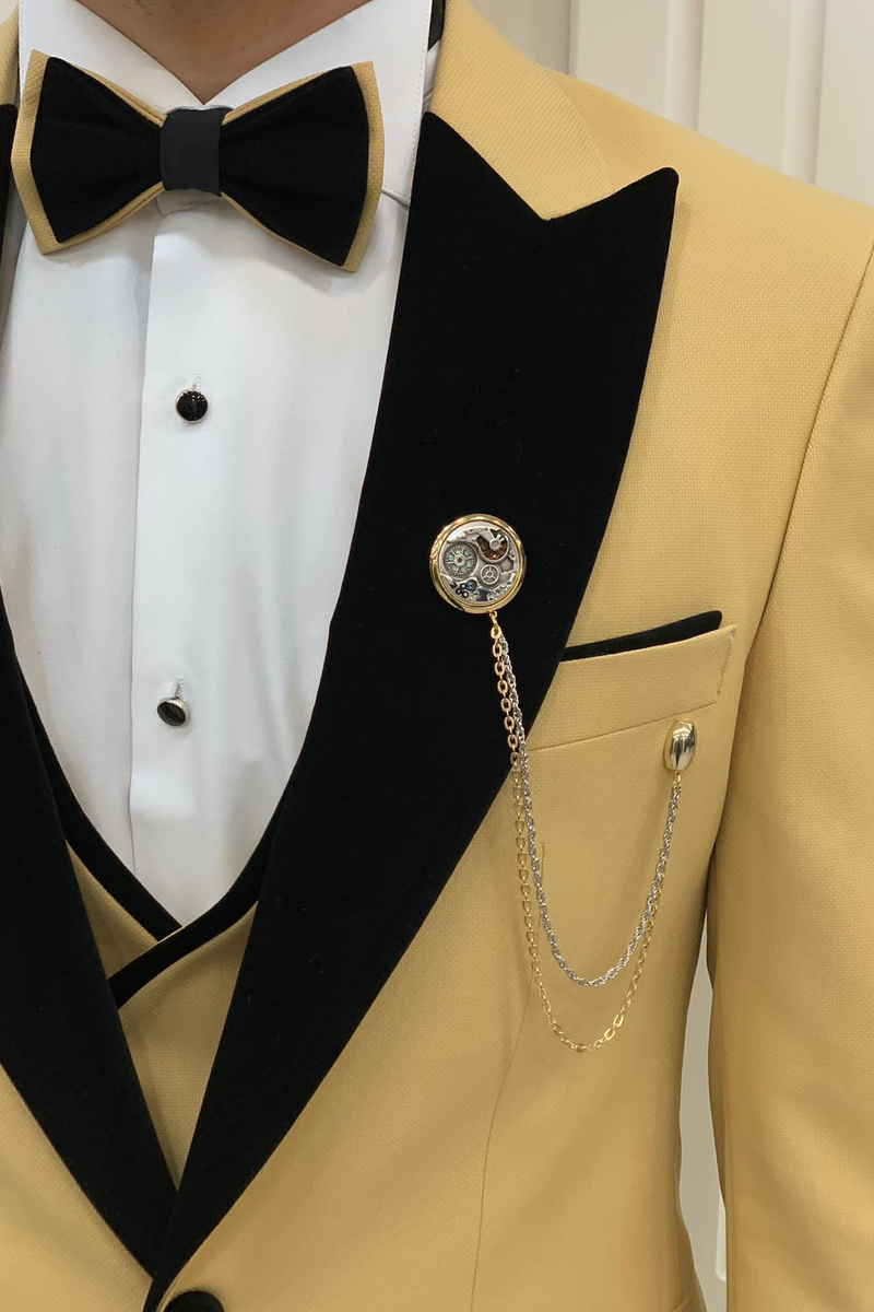 Modern Fashion Yellow Slim Fit Velvet Peak Collar Three Piece Tuxedo