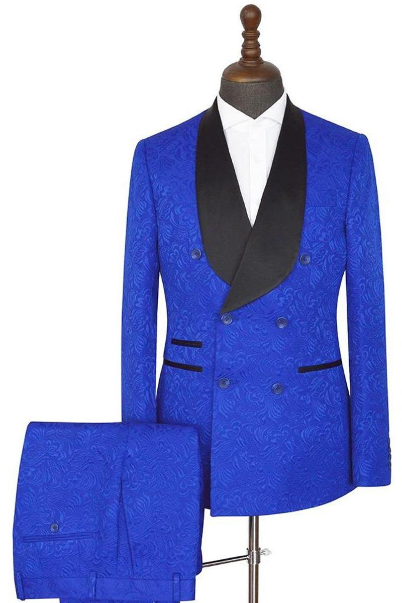 Ramon Royal Blue Shawl Lapel Slim Fit Double-Breasted Jacquard Wedding Set