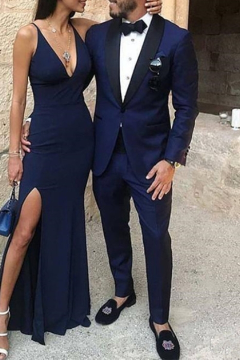 Dark Blue One Button Two Piece Prom Men Suit Black Lapel Prom Suit