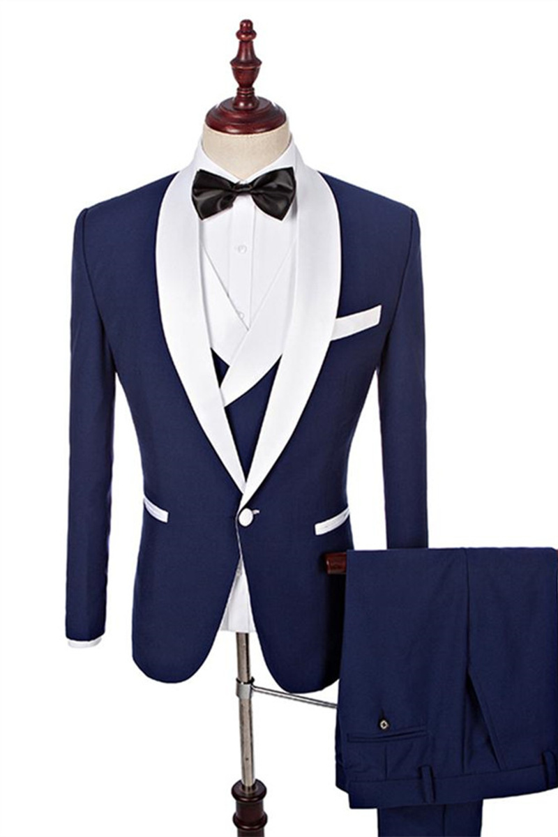 Navy Groomsmen Suit White Shawl Lapel Three-Piece Tuxedo