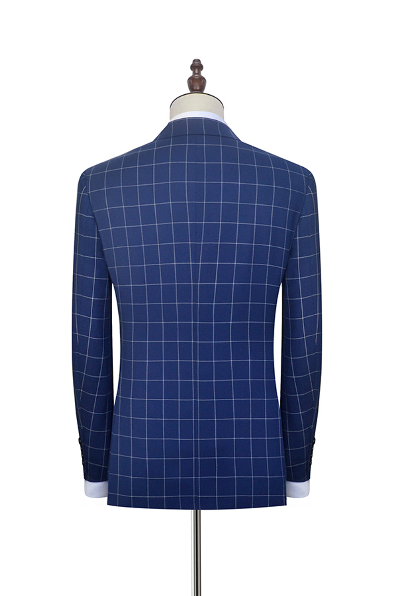 Flap Pocket Peak Lapel Grey Plaid Navy Blue Suit