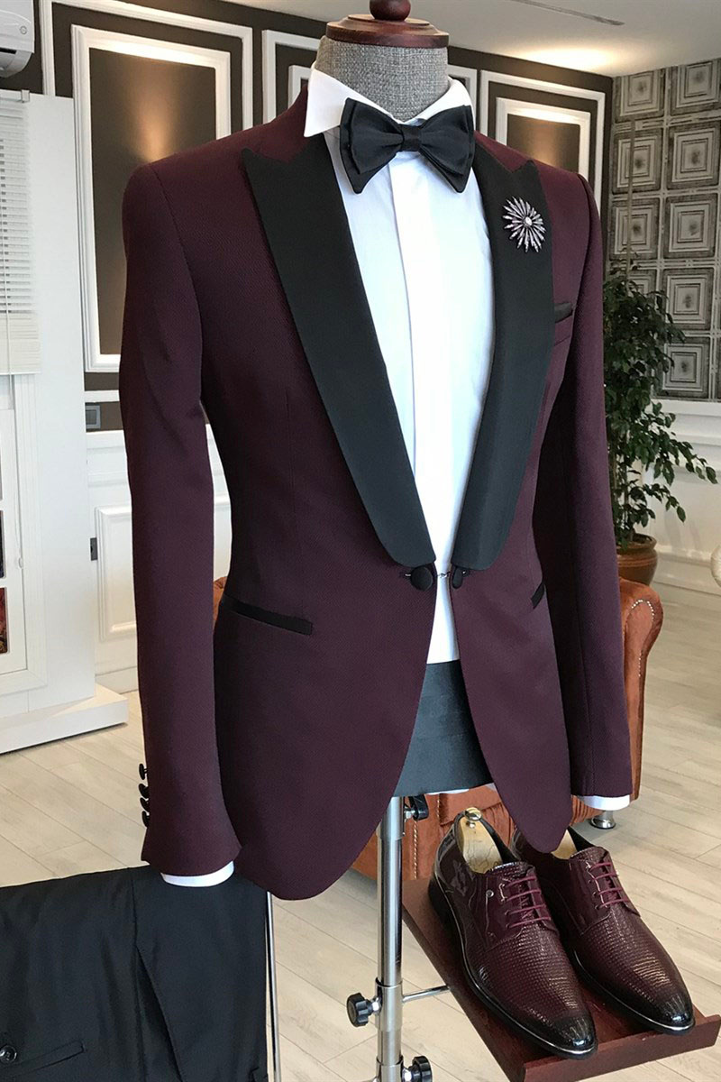 Jeffrey Burgundy with Black Peaked Lapel One-Button Formal Suit