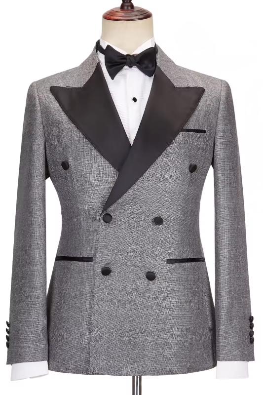 Formal Dark Grey Peaked Lapel Double-Breasted Business Suit