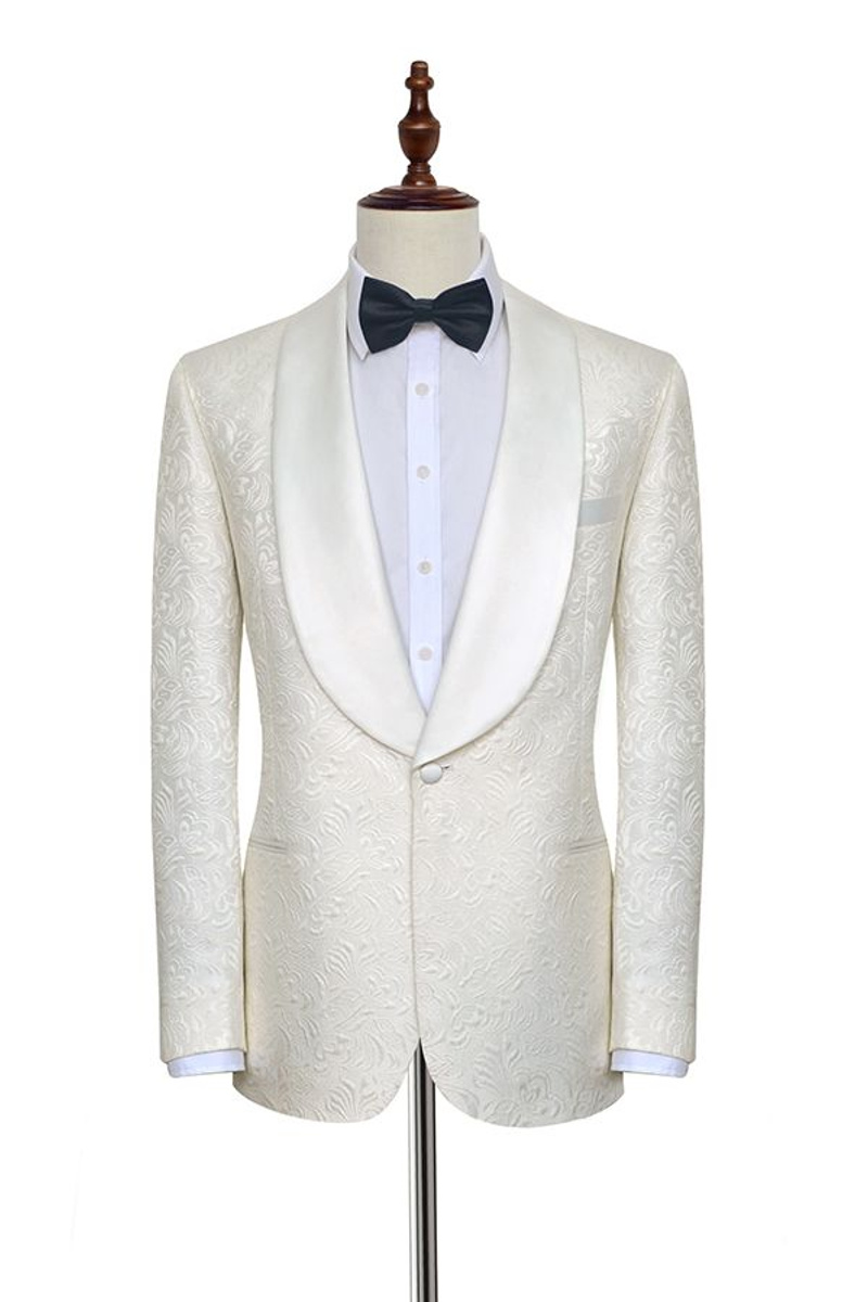 Trendy Jacquard White Tuxedo Silk Shawl Lapel One-Button Wedding Suit