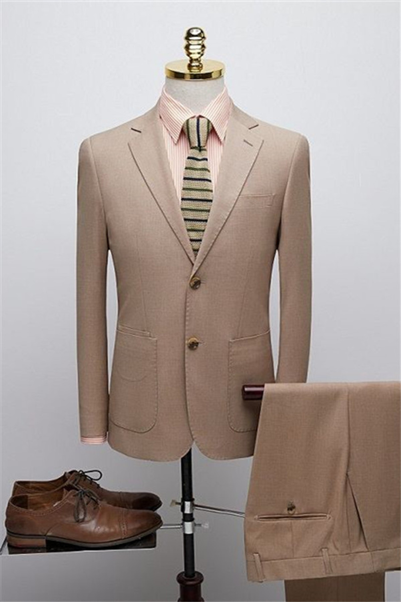 Simple Two-Piece Tuxedo Khaki Notched Lapel Formal Business Suit