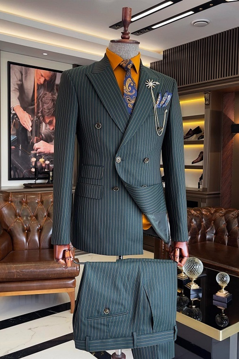 Dark Green Gold Striped Double-Breasted Dinner Suit Two-Piece
