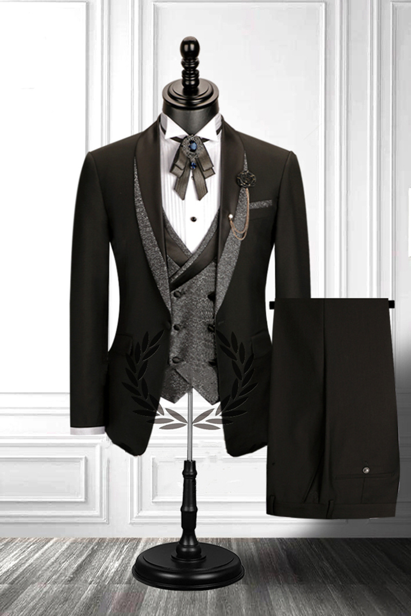 Stitching Shawl Lapel Black Three-Piece Suit with Double-Breasted Waistcoat