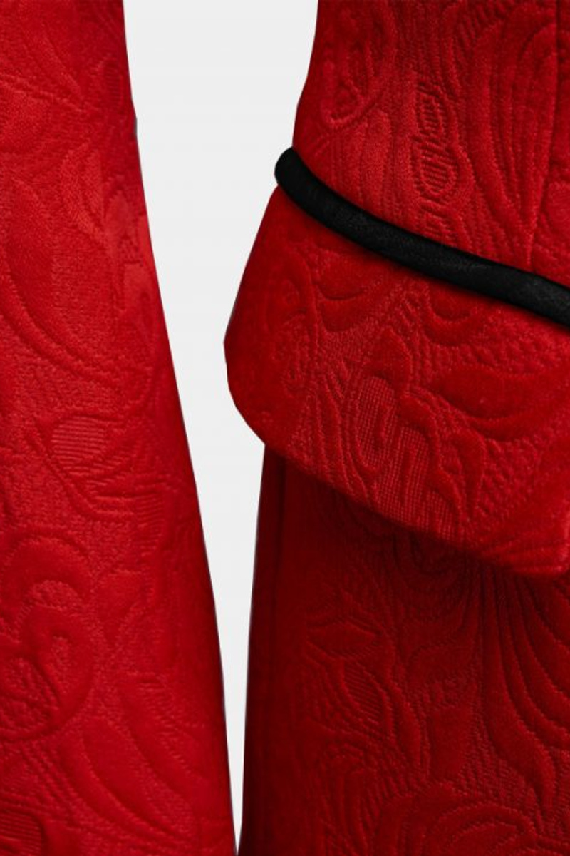 Trendy Red Floral Tuxedo Custom Three Piece Black Lapel Men Suit