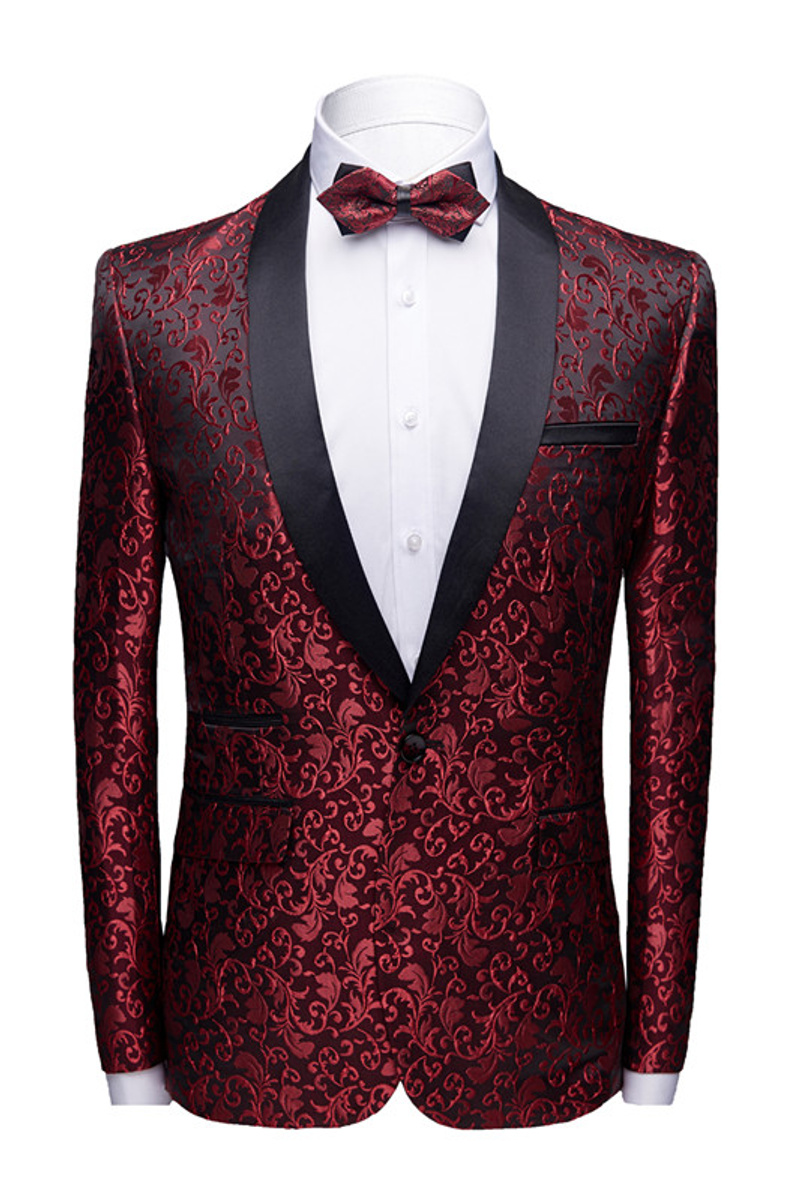 Burgundy Paisley Tuxedo Jacket Charming Jacquard Blazer For Prom