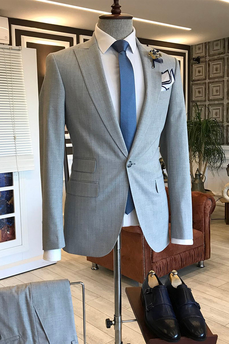 Clement Grey Pointed Lapel One-Button Three-Flap Business Suit