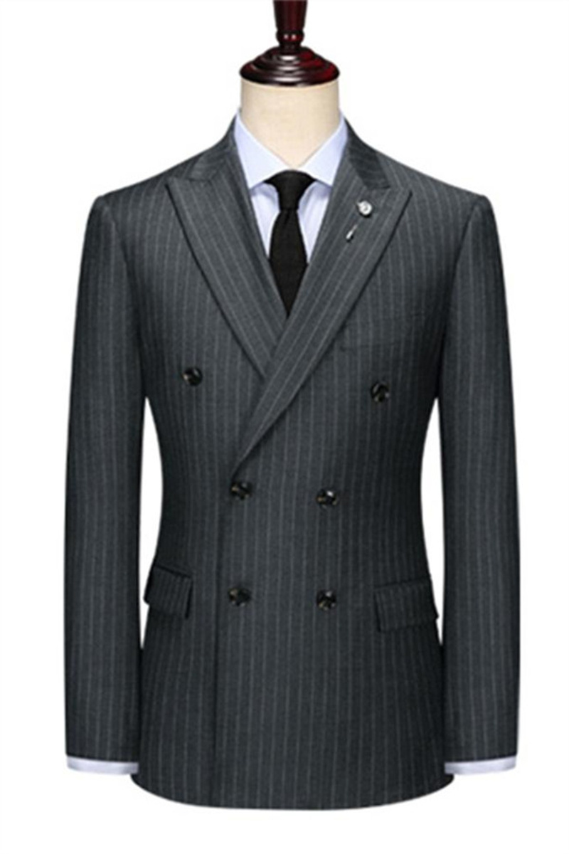Double Breasted Black Men Jacket Peak Lapel Grey Striped Blazer Online