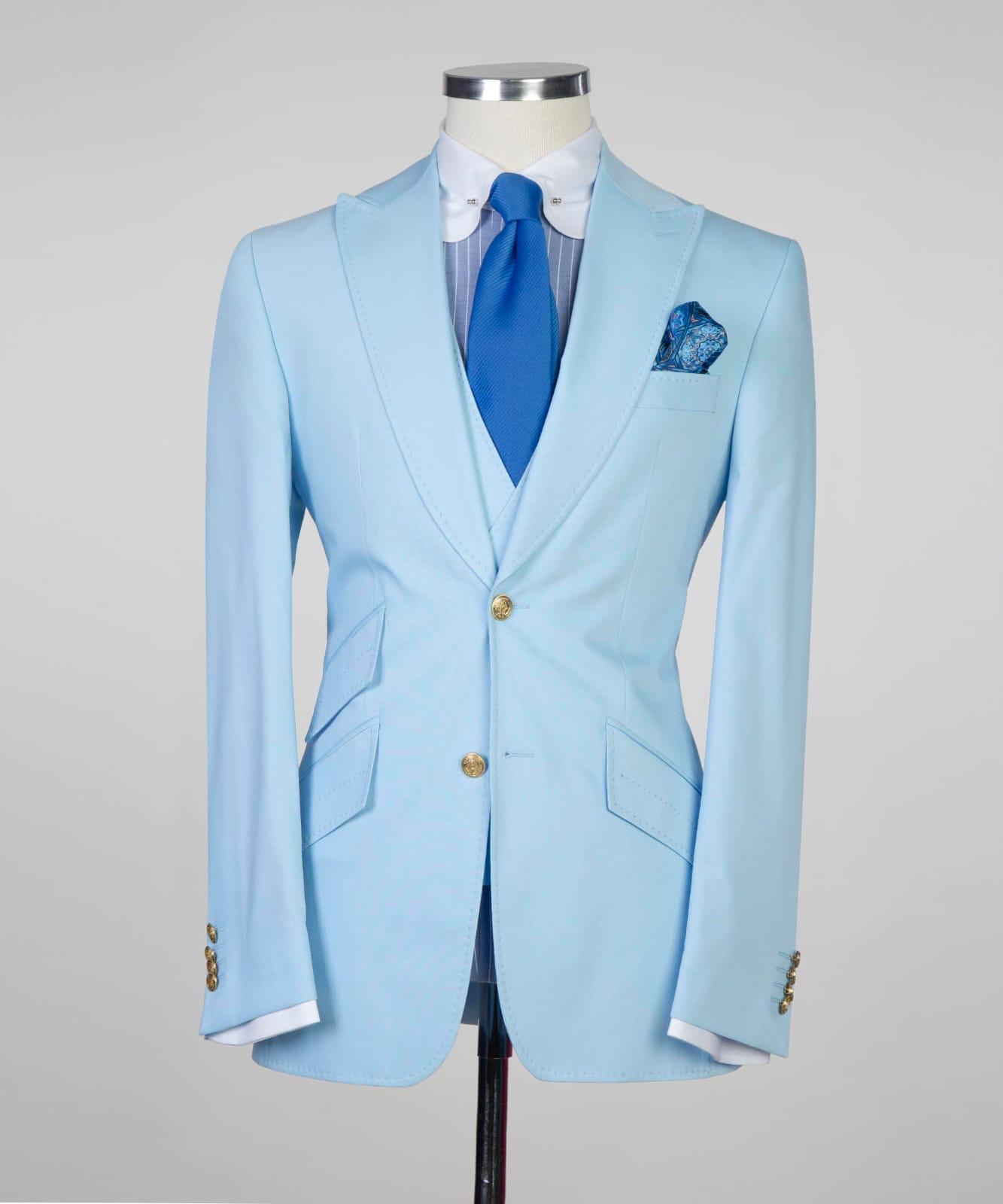 Sky Blue Three Piece Pointed Collar Slim Men Suits