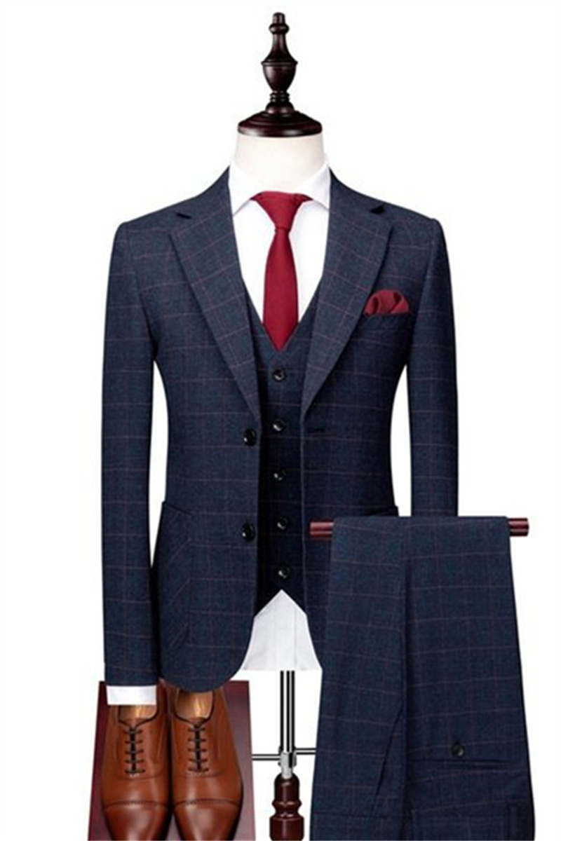 Blue Grid Casual Suit Three-Piece Business Tuxedo Online