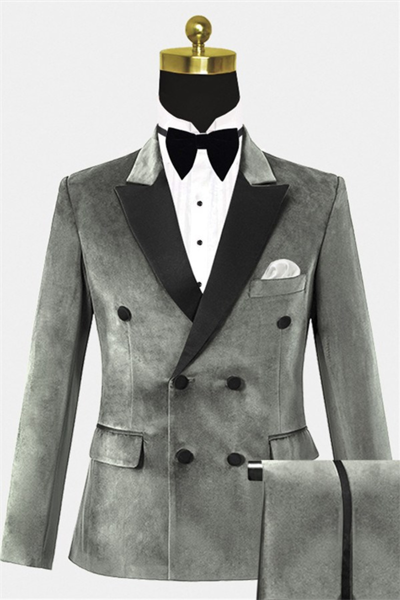 Double-Breasted Velvet Tuxedo Silver Peak Lapel Prom Suit