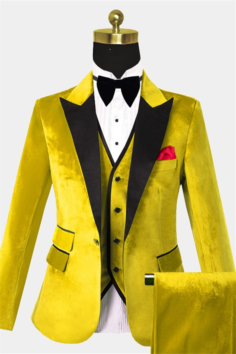 Yellow Velvet Tuxedo Three-Piece Slim Fit Prom Suit