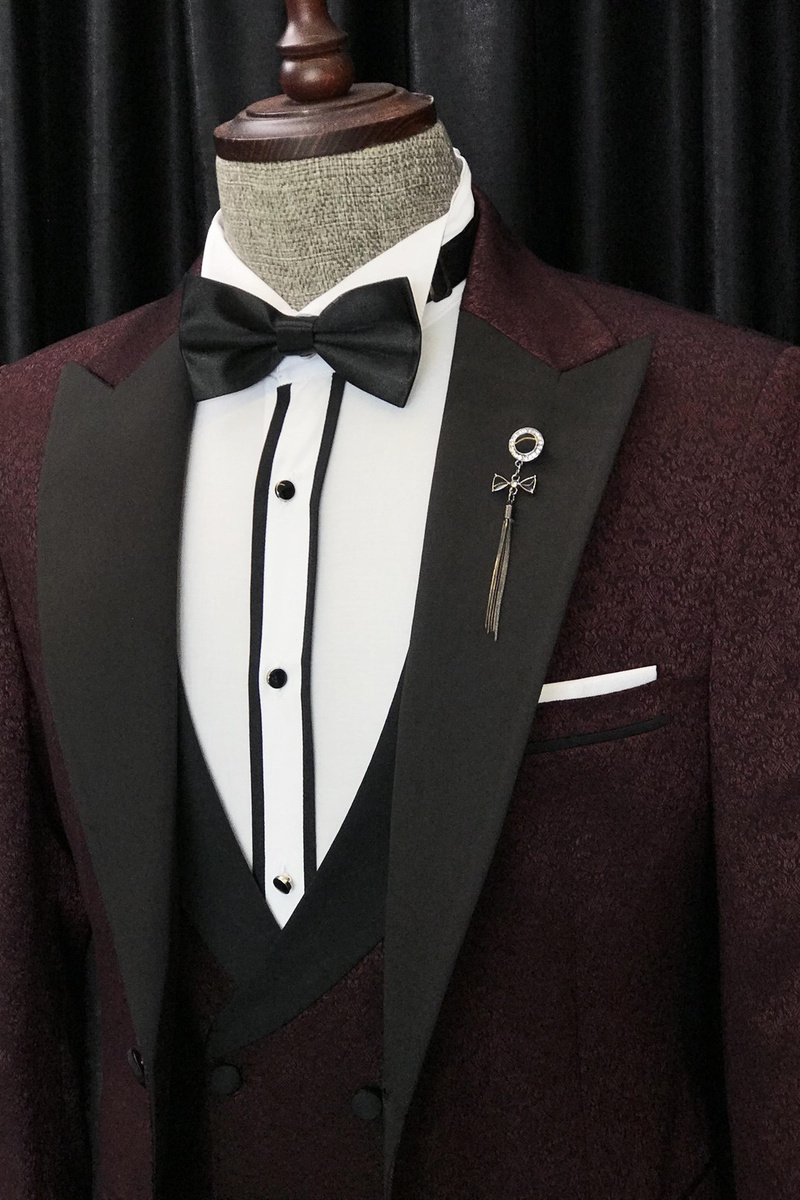 Barry Modern Burgundy Three-Piece Jacquard Lapel Wedding Suit