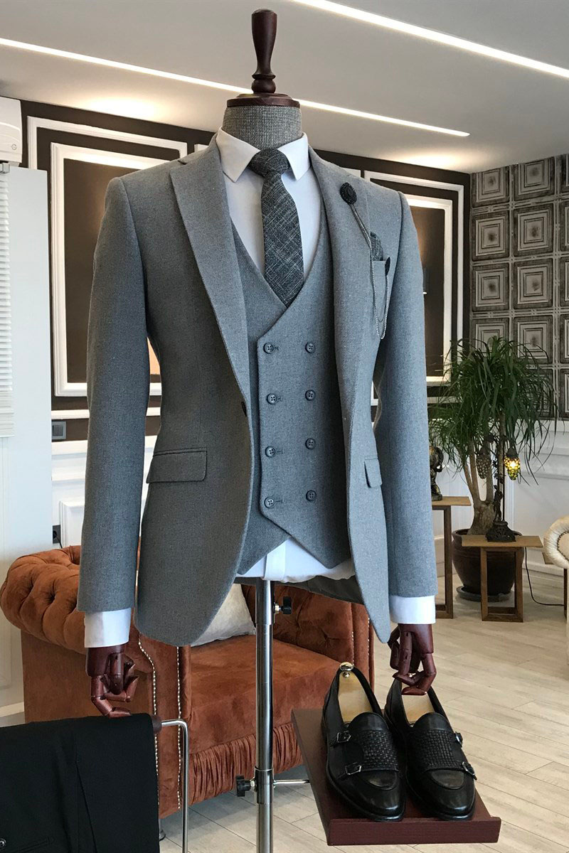 Primo Grey Three-Piece Notched Lapel Stylish Business Suit