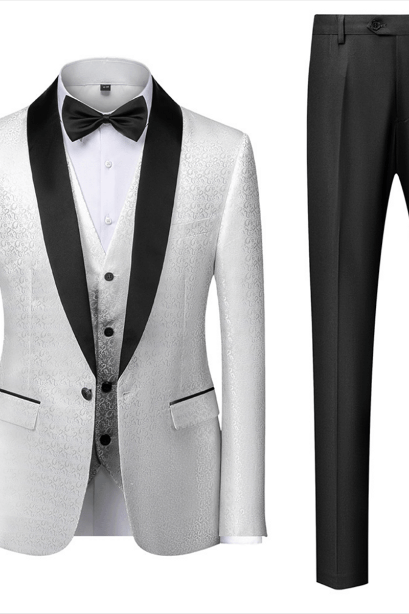 Gentle Black and White Wedding Tuxedo Satin Shawl Lapel Jacquard Prom Suit