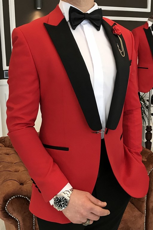 Joyce Regular Red One-Button Black Point Lapel Formal Suit
