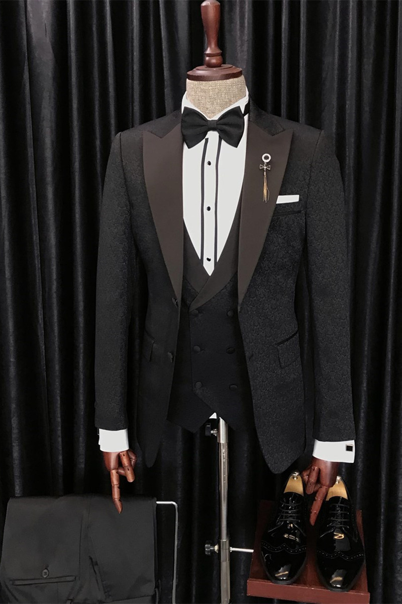 Anthony New Black Jacquard Three-Piece Point Lapel Wedding Suit