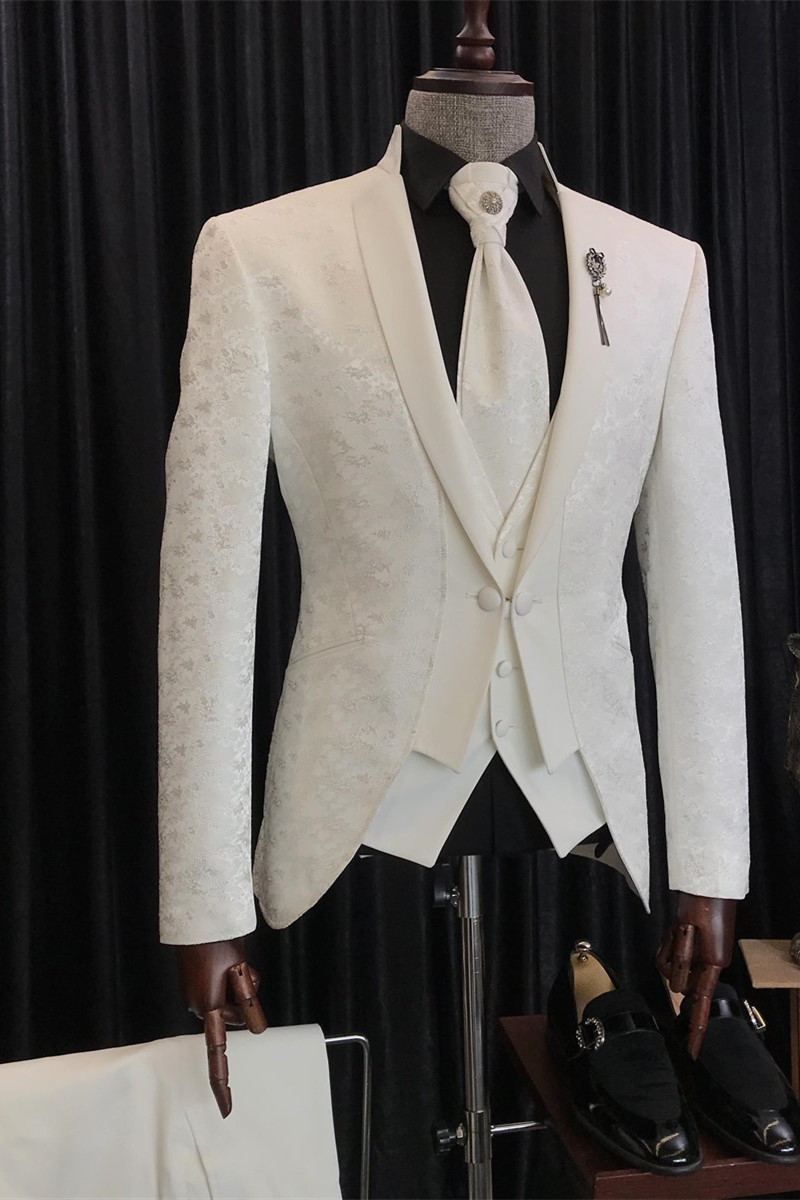 Christian New White Jacquard Three-Piece Wedding Suit with Special Lapel