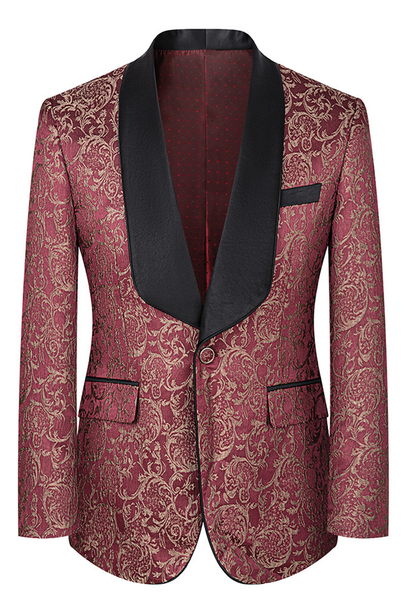 Red Shawl Collar Men's Jacquard Three-Piece Wedding Suit