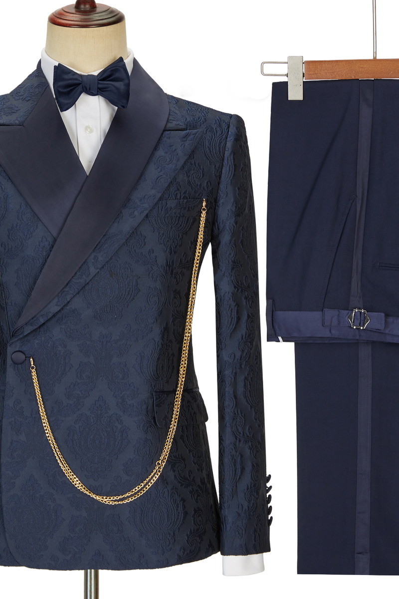 Brandon Navy Slim Fit Jacquard Point Lapel Wedding Suit