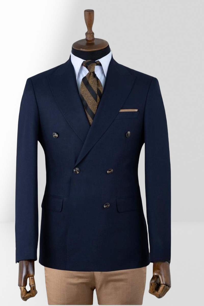 Elegant Dark Blue Peak Collar Double-Breasted Two-Piece Slim Suit with Brown Pants