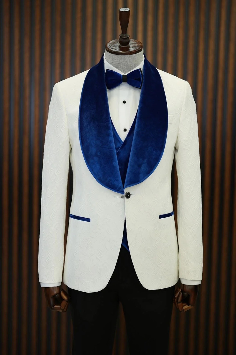 bella Blue Velvet Shawl Lapel Jacquard Slim Fit Three-Piece Tuxedo