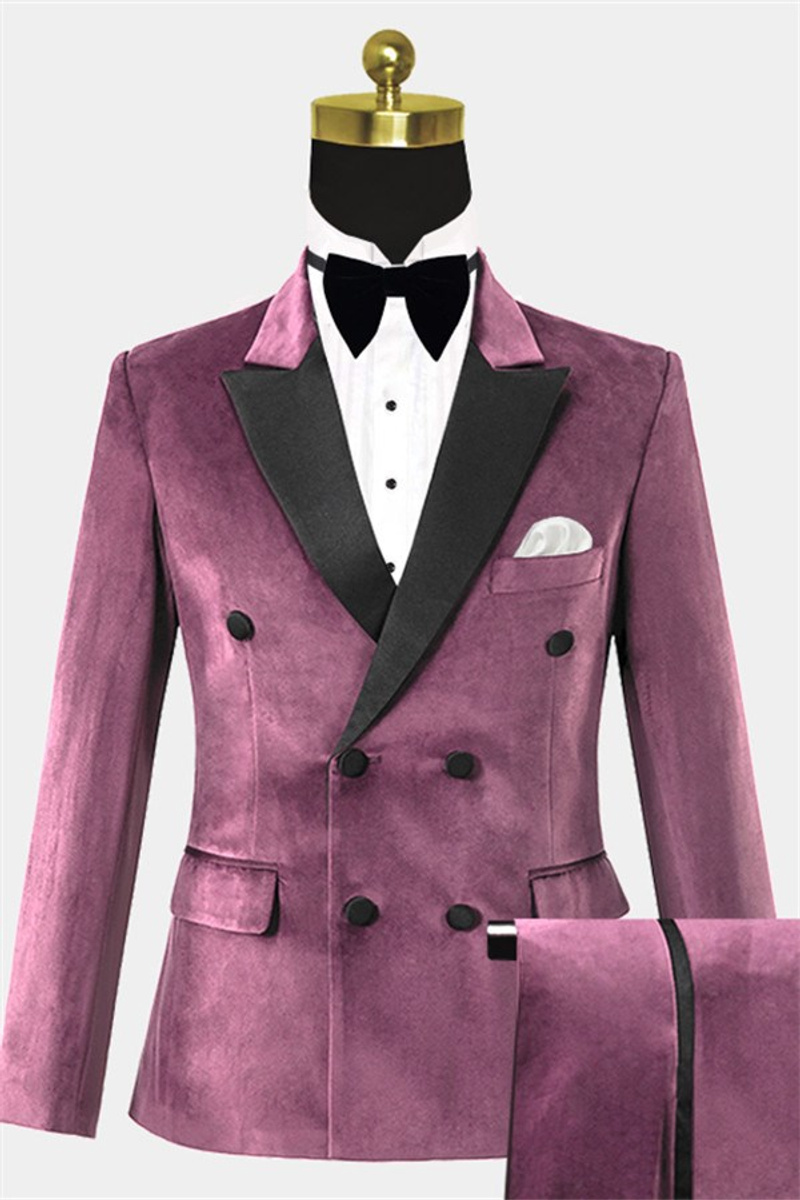 Fuchsia Velvet Tuxedo Peak Lapel Double-Breasted Suit