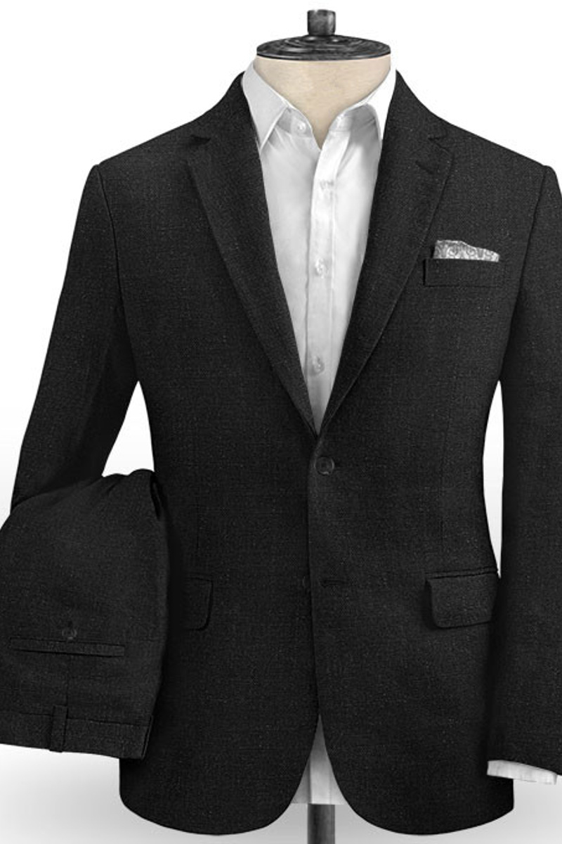 Slim Fit Black Linen Groom Tuxedo Wedding Designs