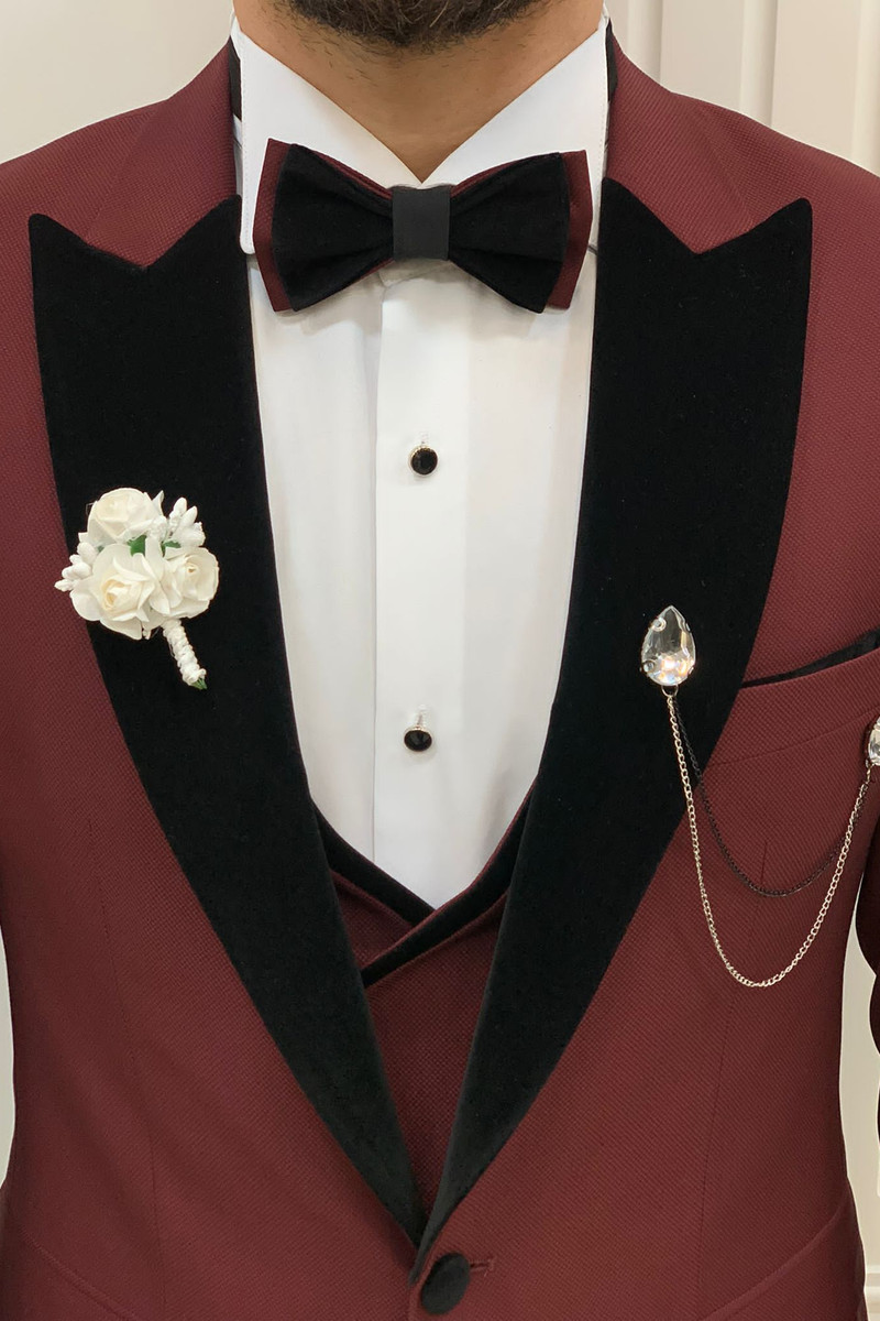 Modern Fashion Burgundy Velvet Slim Fit Three-Piece Tuxedo with Peak Collar