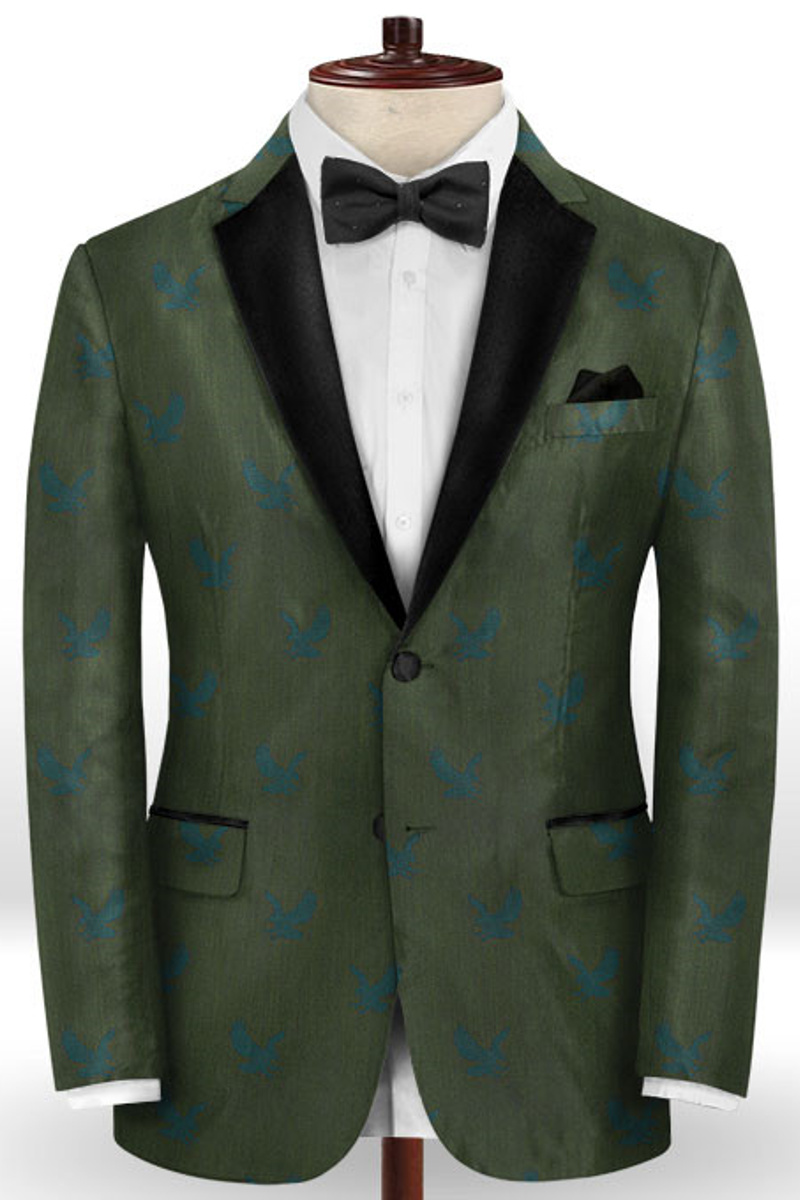 Men Dark Green Printed Suit Custom Prom Suit Men Black Lapel Suit