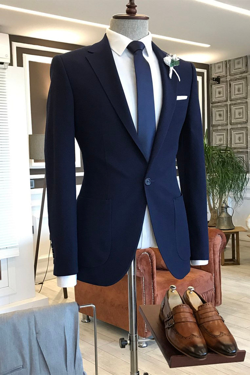 Owen Dark Blue Notched Lapel One Button Two Placket Business Suit