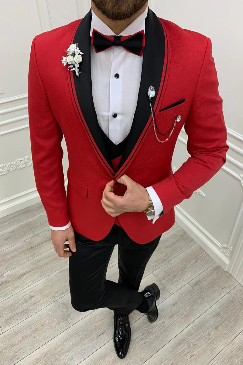 Italian Red Slim Fit Shawl Lapel Three-Piece Tuxedo