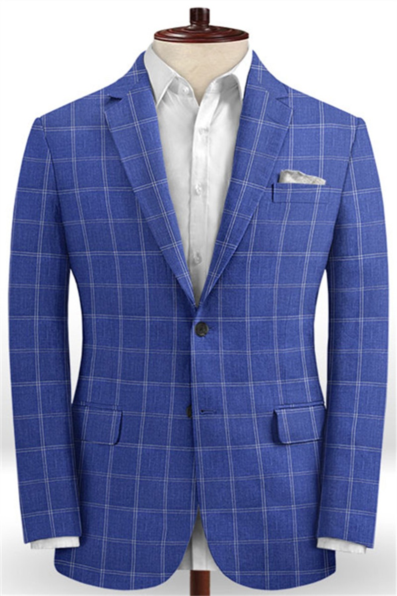 Ocean Blue Check Linen Suit Notched Lapel Slim Fit Tuxedo
