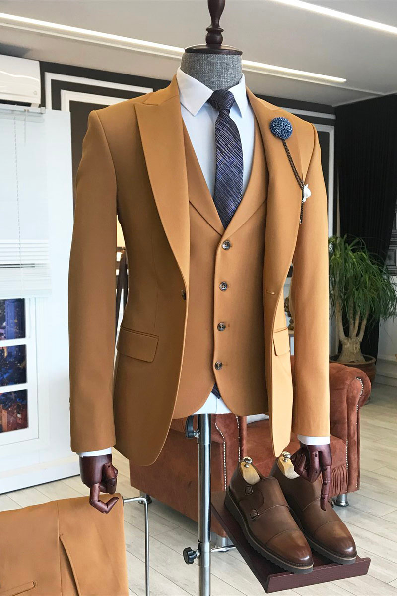 Fashion Brown Point Lapel Double Breasted Vest Business Suit