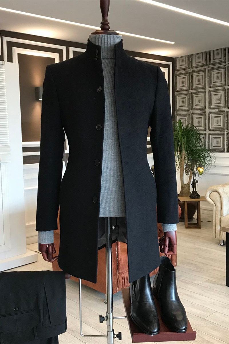 Max Formal Black Stand Collar Slim Fit Tailored Wool Jacket For Business